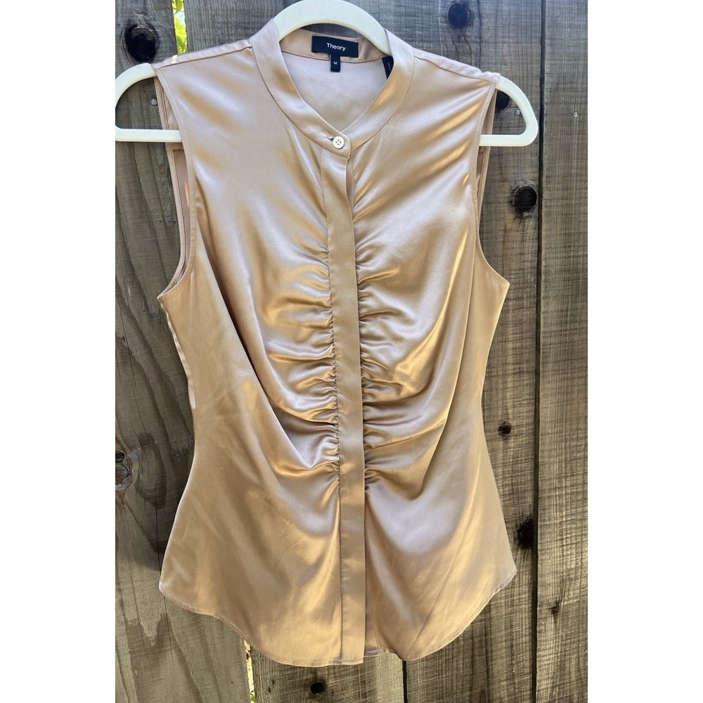Theory Pink Champagne Ruched Stretch Silk Blouse Women Sz Med Sleeveless Button